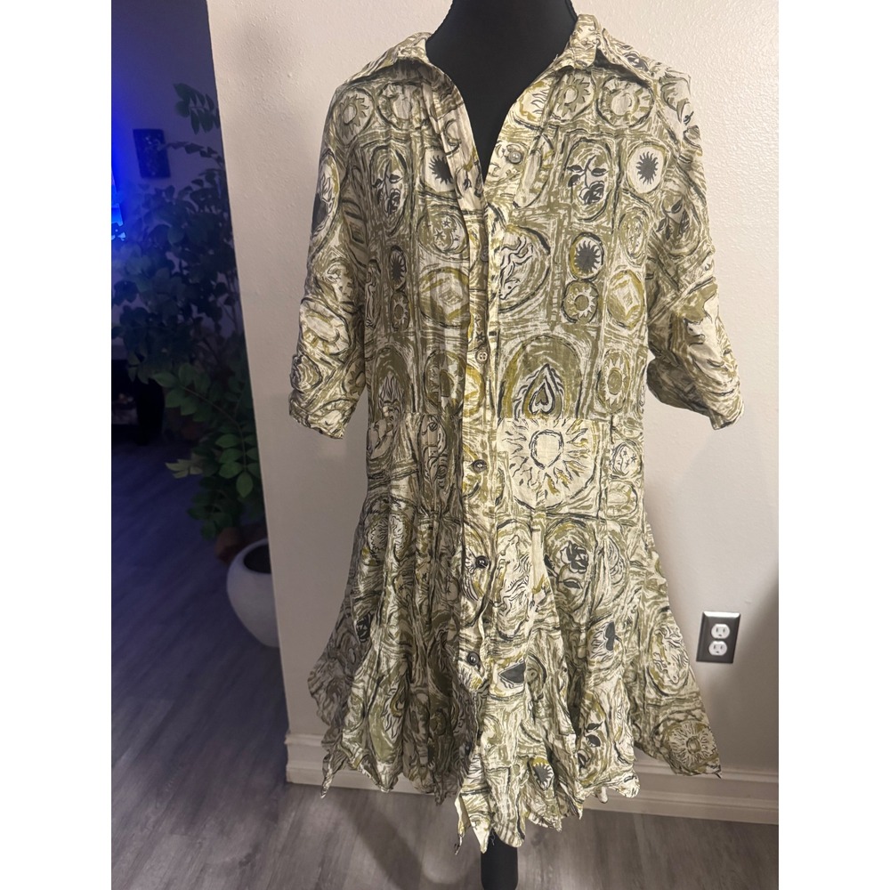 Zara boho Print Ruffle Drop Waist Shirt Dress Olive Green Tie Sleeve S